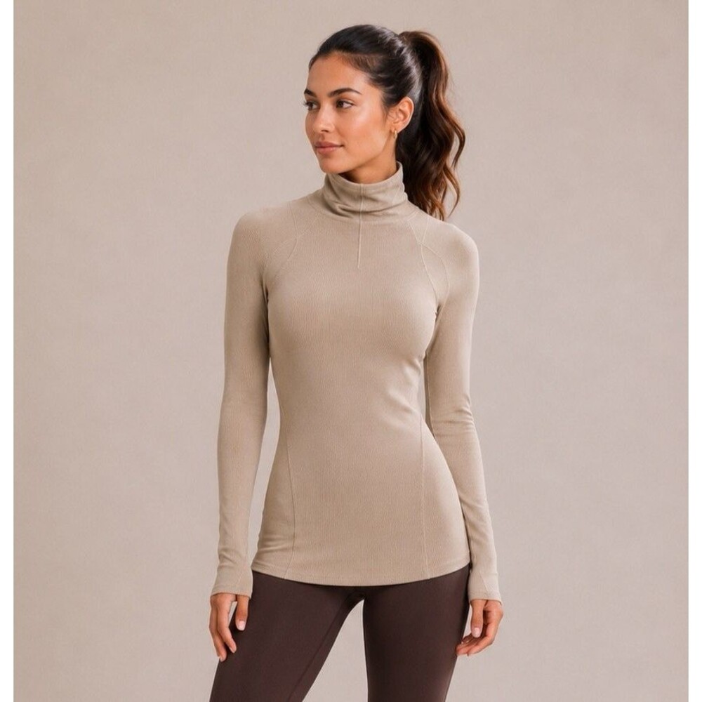 Lululemon Ribbed Mock Neck L S Athletic Top Beige Fitted Yoga Running Minimalist